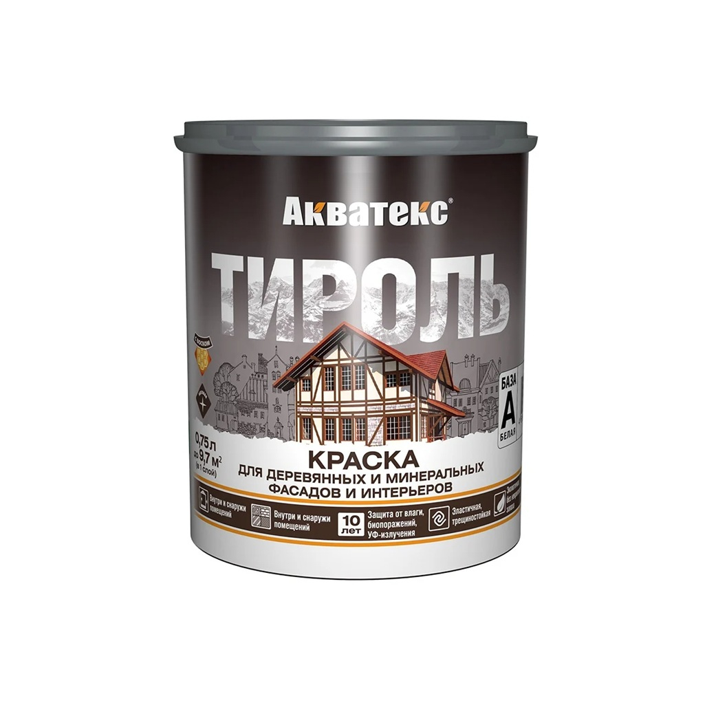Краска акриловая Акватекс Тироль для деревянных и минеральных фасадов и интерьеров, база А, матовая, белая, 0.75 л