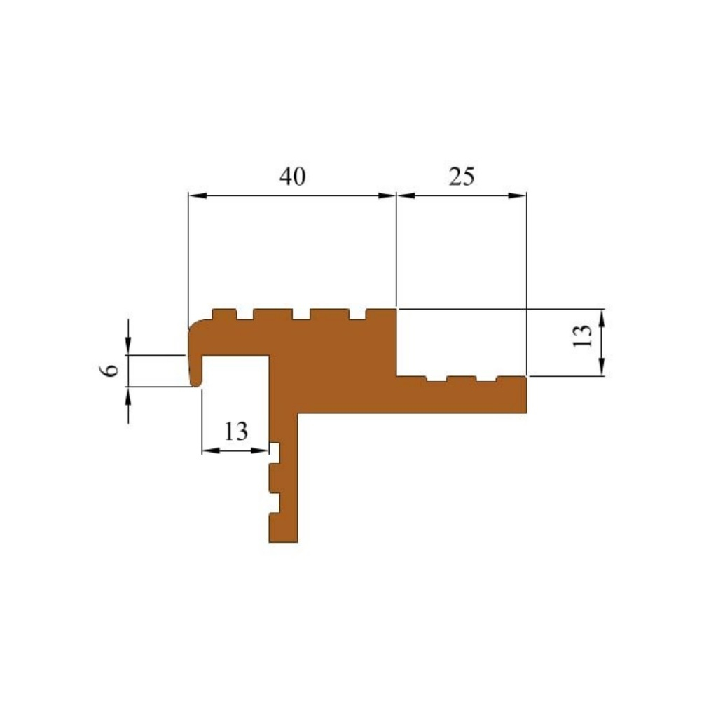Профиль закладной противоскользящий, резиновый, коричневый, для углов лестниц 13х40 мм