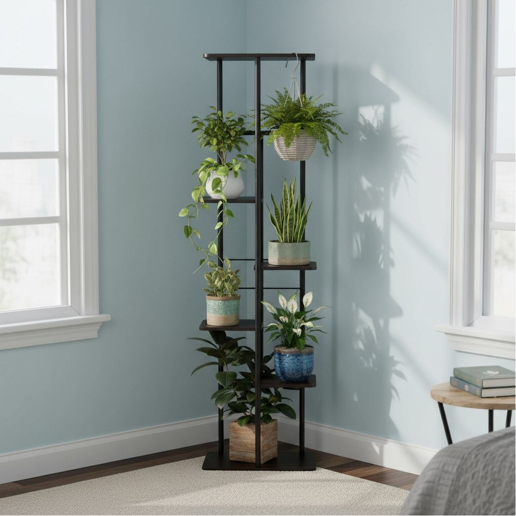 Подставка для цветов Greengo 10747749, 8 полок, напольная, металл, МДФ, чёрная, 23х36х136 см