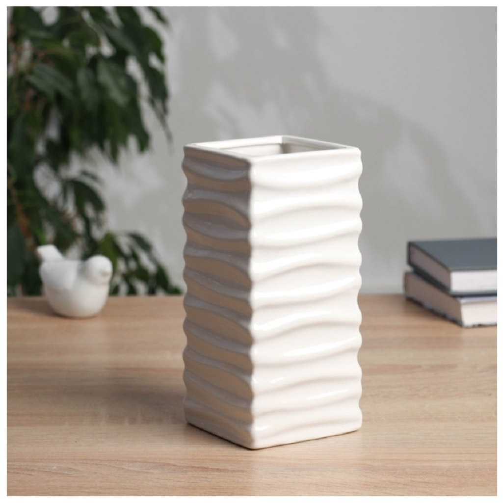 Ваза для цветов и сухоцветов Тьяго, полосы, керамика, настольная, 9х19 см, белый