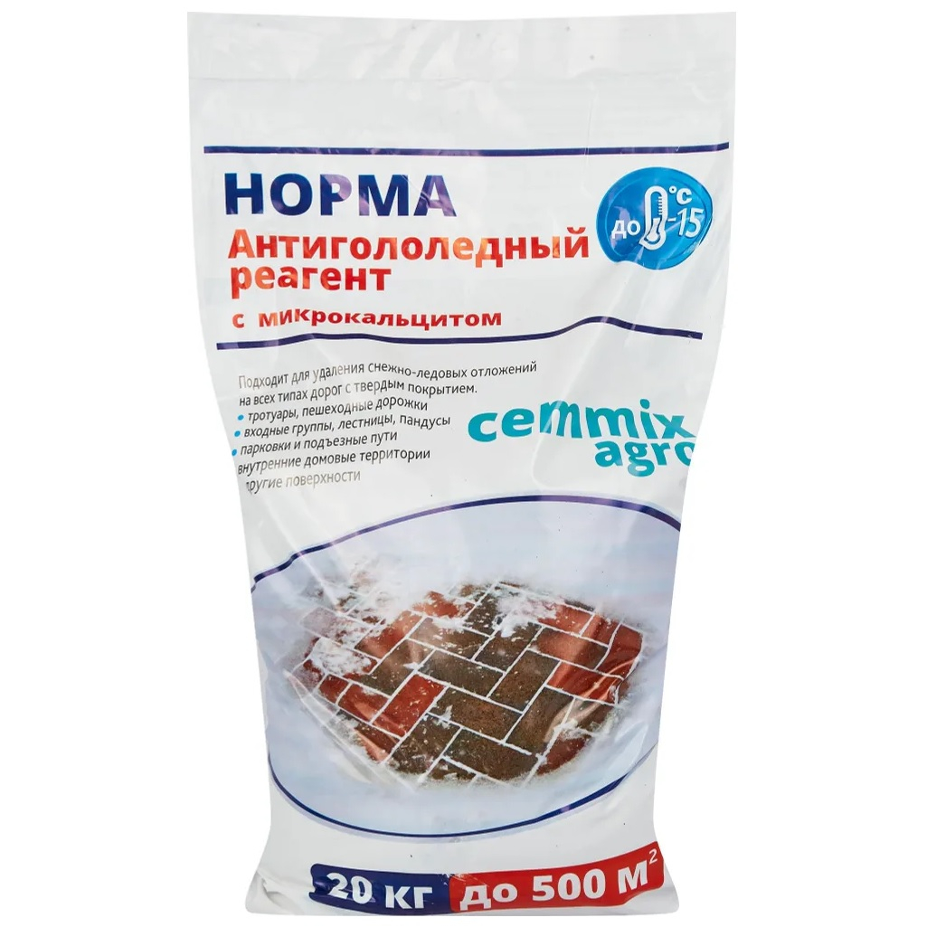 Реагент антигололедный с микрокальцитом Cemmix Agro Норма pgrn20, 20 кг, до 500 кв.м