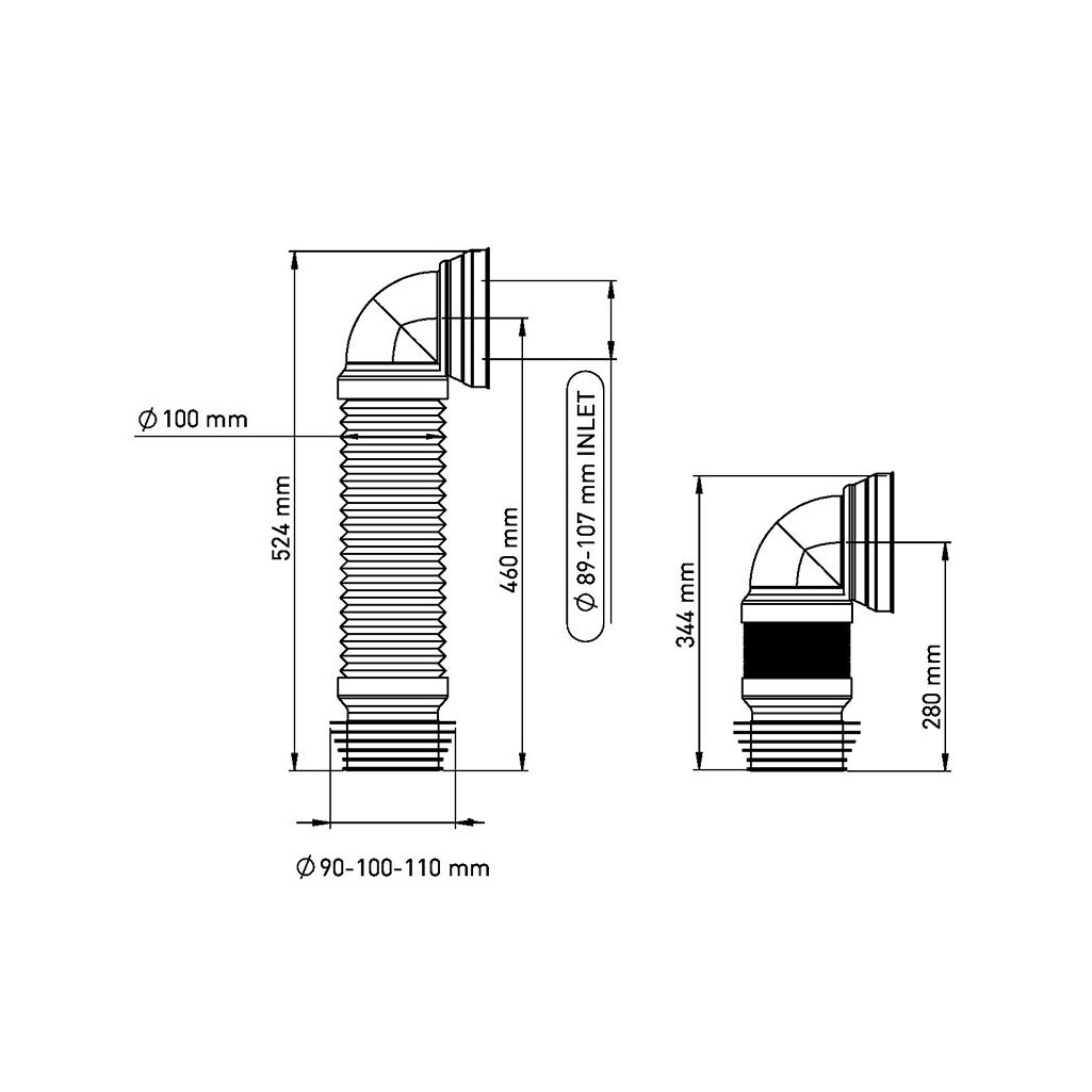 Гибкая гофротруба для унитаза Nova 7044, угол 90 градусов, диаметр 110 мм, длина 500 мм, белая