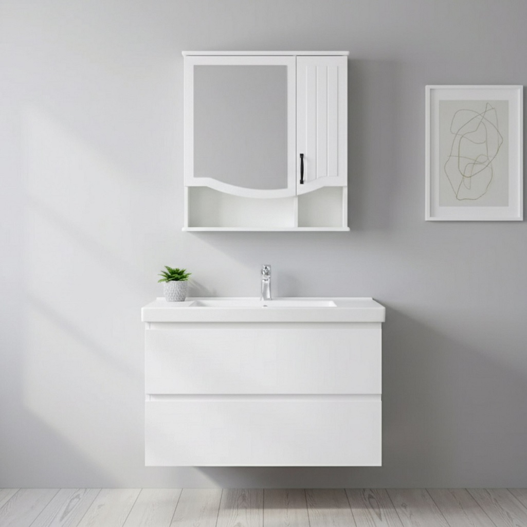 Шкаф зеркальный Runo Марсель 65, навесной, правый, белый, 16х65х75 см