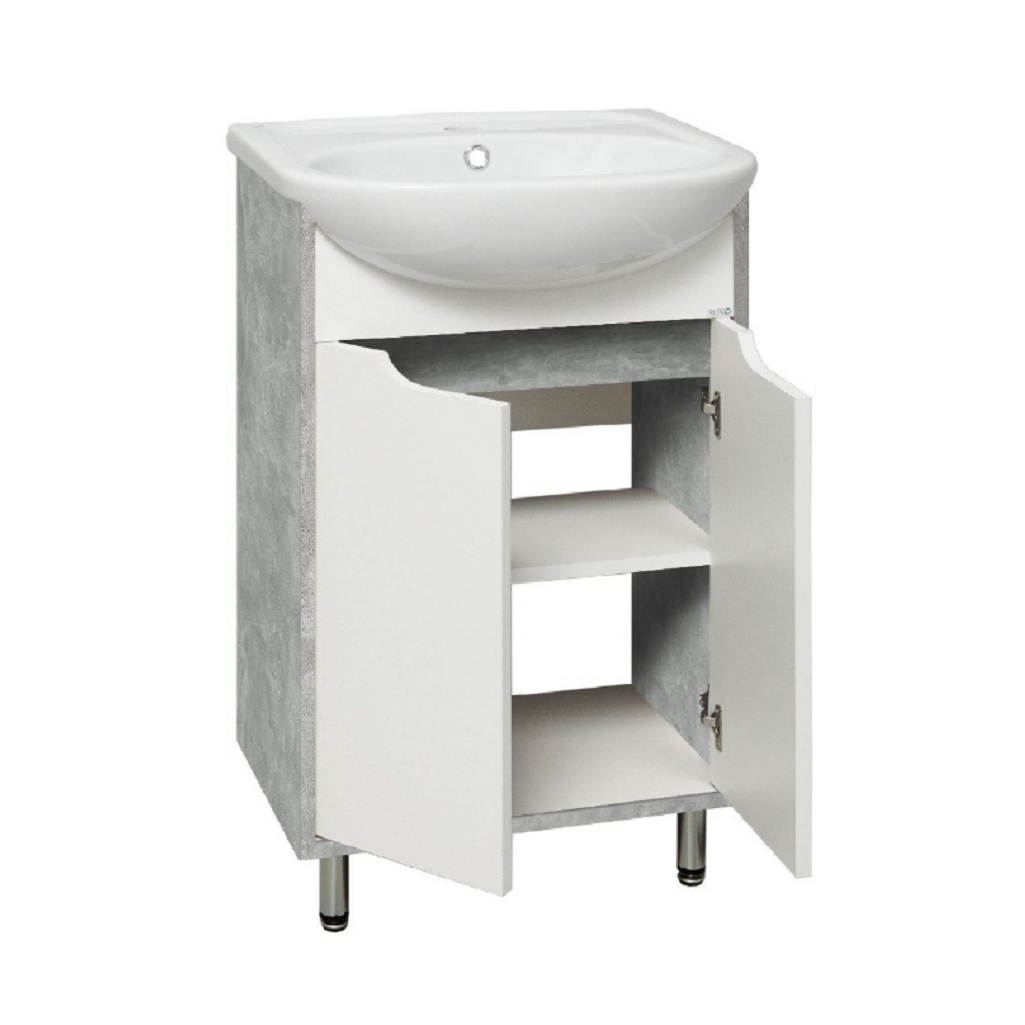 Тумба напольная Runo Эко 60 с раковиной Уют 60, бело-серый бетон
