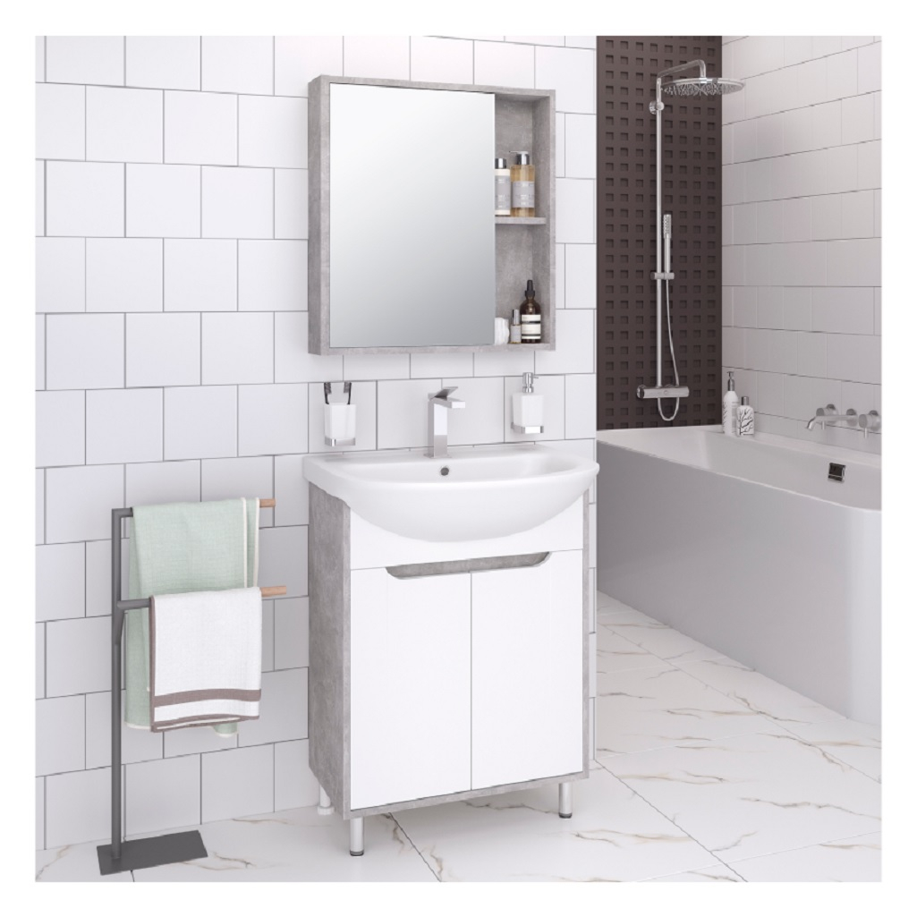 Тумба напольная Runo Эко 60 с раковиной Уют 60, бело-серый бетон