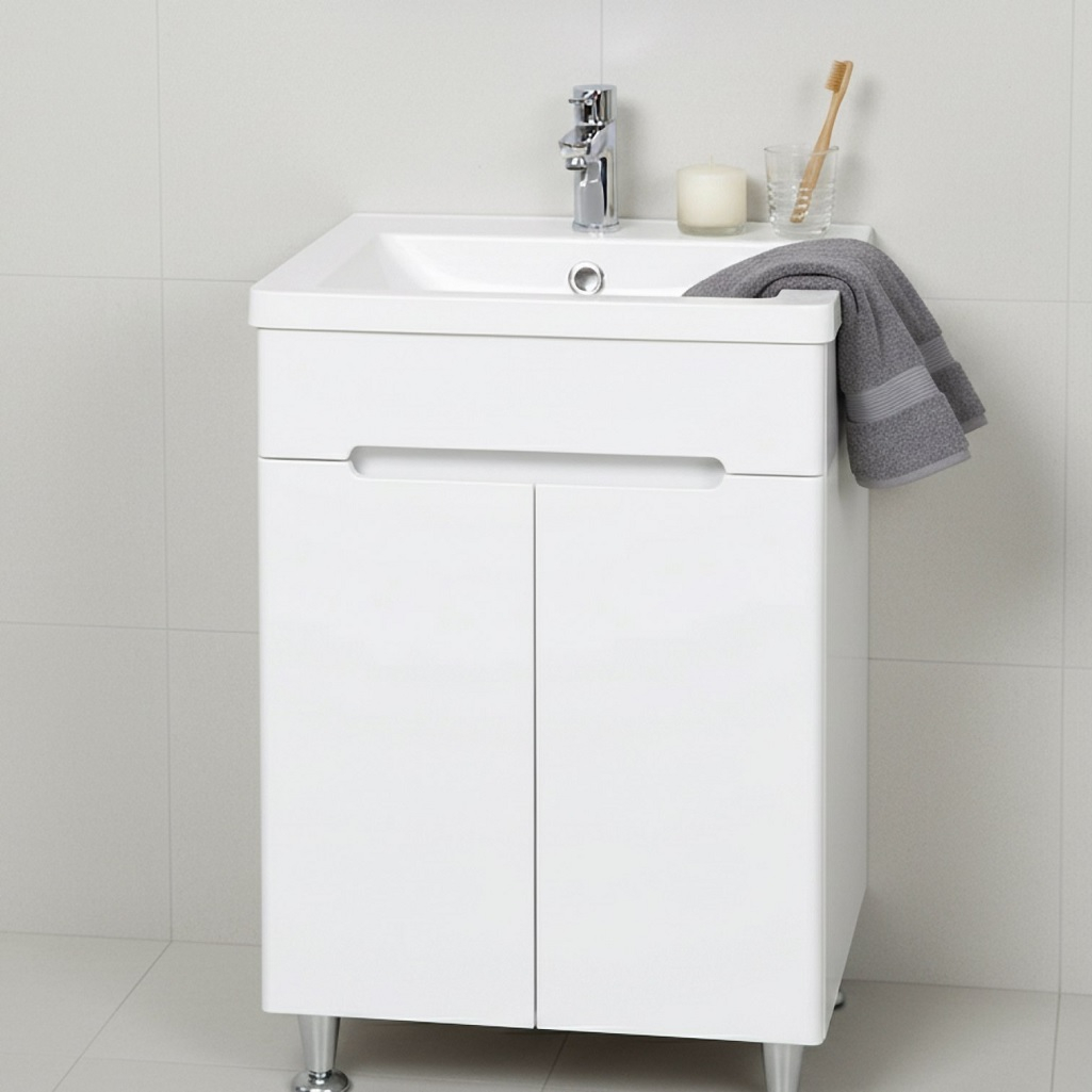 Тумба Runo Парма 60/2 напольная, белая + раковина Runo Omega 60, 00-00001038