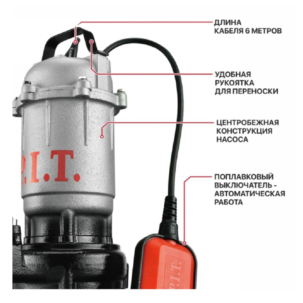 Насос фекальный P.I.T. PSW750-W для грязной воды, чугун, 750 Вт, напор 16 м, 166 л/мин