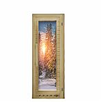Дверь для бани Doorwood с фотопечатью Элит люкс зима, 720х1850 мм, липа, стекло 8 мм, 2 петли, с порогом