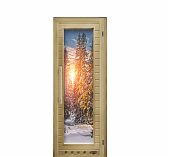 Дверь для бани Doorwood с фотопечатью Элит люкс зима, 720х1850 мм, липа, стекло 8 мм, 2 петли, с порогом