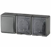 Блок 2 розетки и выключатель Эра Эксперт 11-7403-03, Б0027674, IP54, 16A, 3 поста, серый, накладной, с крышкой
