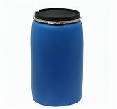 Бочка 220 литров, вымытая, полиэтиленовая, с крышкой на железном обруче, синяя