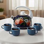 Чайник эмалированный Рубин Абрикос, со свистком, ручка консольная, синий, 2.5 л