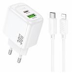 Блок зарядный Hoco CS55A Surplus 1xUSB + 1xUSB-C с Кабелем Type-C - Lightning, 30 Вт, белый