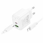 Блок зарядный Hoco CS55A Surplus 1xUSB + 1xUSB-C с Кабелем Type-C - Lightning, 30 Вт, белый