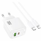 Блок зарядный Hoco CS55A Surplus 1xUSB + 1xUSB-C с Кабелем Type-C - Lightning, 30 Вт, белый