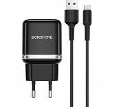 Устройство зарядное Borofone BA36A High speed 1xUSB с Кабелем USB - Type-C, 3A, 18 Вт, черный