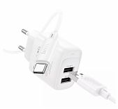 Блок зарядный Hoco C141A + кабель Type-C, 2USB Для быстрой зарядки, 2.1A, 1 м, белый