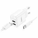 Блок зарядный Hoco C141A + кабель Type-C, 2USB Для быстрой зарядки, 2.1A, 1 м, белый