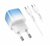 Блок зарядный Hoco C101A, 1xPD, Type-C, 20W, с кабелем Type-C-Type-C, белый с голубым 