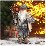 Фигура декоративная Зимнее волшебство 5036023, под ёлку, Дед Мороз в сером костюме с лыжами, 30 см