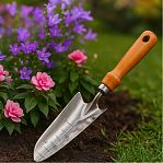 Совок садовый Grinda 8-421113, узкий, нержавеющая сталь, деревянная ручка, длина 290 мм