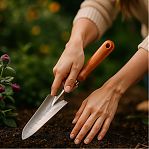 Совок садовый Grinda 8-421113, узкий, нержавеющая сталь, деревянная ручка, длина 290 мм