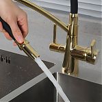 Смеситель для кухни Gappo G4398-13 гибкий излив, встроенный фильтр для питьевой воды, золото